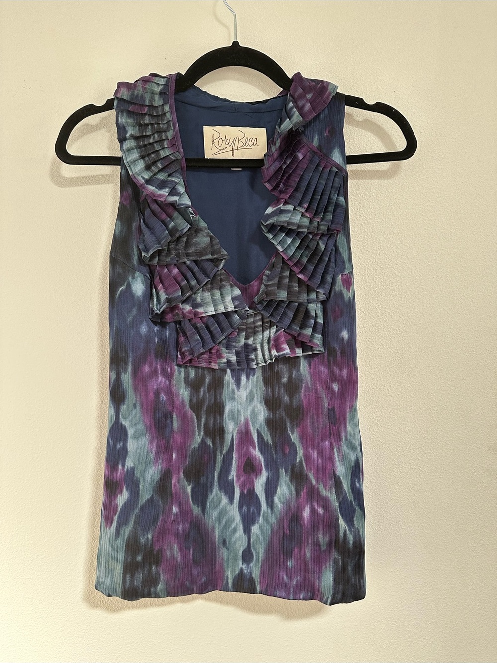 Rory Beca 100% Silk Ruffle V-Neck Sleeveless Top Ikat Print Purple Blue Medium